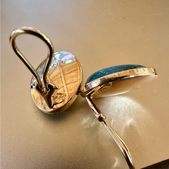 ILLUMINATING ESTATE TAMBETTI 14K BEZELED CABOCHON AQUAMARINE CLIP ON EARRINGS - Picture 4 of 12